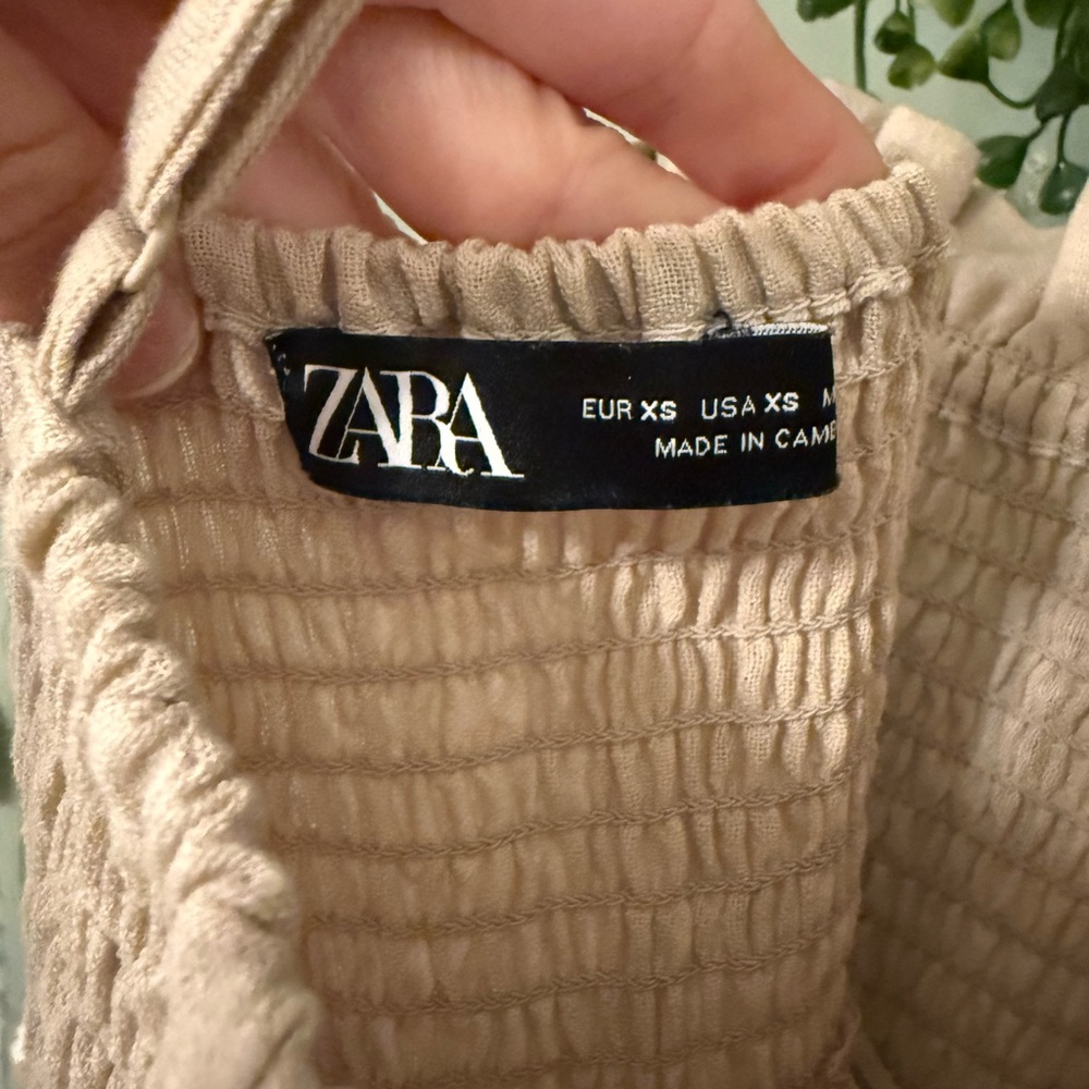 Zara Khaki Linen Smocked Midi Dress - Picture 4 of 9